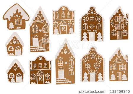 Gingerbread houses with icing decoration presented as a set of festive elements. Gingerbread houses with icing decoration presented as a set of festive elements. 133409540