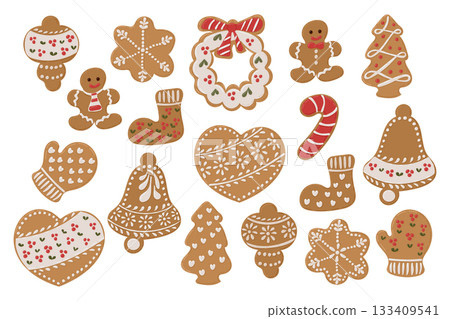 Gingerbread cookies in festive shapes decorated with icing and holiday details. The concept expresses christmas tradition, sweetness, celebration and cozy seasonal mood Gingerbread cookies in festive shapes decorated with icing and holiday details. The concept expresses christmas tradition, sweetness, celebration and cozy seasonal mood 133409541