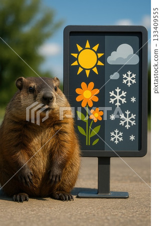 A groundhog sits next to a weather forecast sign showing symbols for spring and winter. Concept of Groundhog Day predicting seasonal change and tradition of weather folklore 133409555