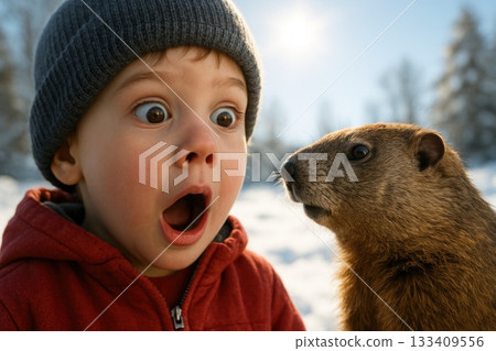 A surprised child stares wide-eyed at a groundhog in a snowy outdoor setting. Captures the magic of childhood wonder and unexpected animal encounters 133409556