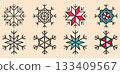 Christmas snowflake symbol icon set. Outline black marker ink contour, doodle sketch hand drawn blob stroke line. Festive colourful collection, New Year party graphic web design. Vector illustration 133409567