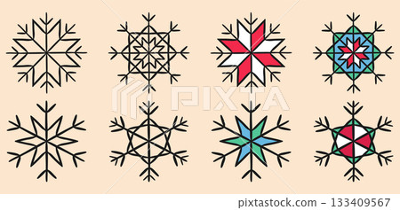 Christmas snowflake symbol icon set. Outline black marker ink contour, doodle sketch hand drawn blob stroke line. Festive colourful collection, New Year party graphic web design. Vector illustration 133409567