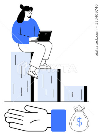 Woman sitting on bar chart with laptop, hand gesture, money bag. Ideal for themes thumbs up financial growth, business success, investment, productivity, online work, progress economic achievement Woman sitting on bar chart with laptop, hand gesture, money bag. Ideal for themes thumbs up financial growth, business success, investment, productivity, online work, progress economic achievement 133409740