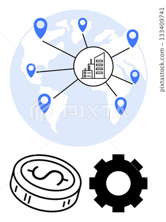 Blue location markers connecting to factory on world map, black dollar coin and gear icons below. Ideal for global business, industry, finance, trade, logistics, manufacturing, investment themes 133409741