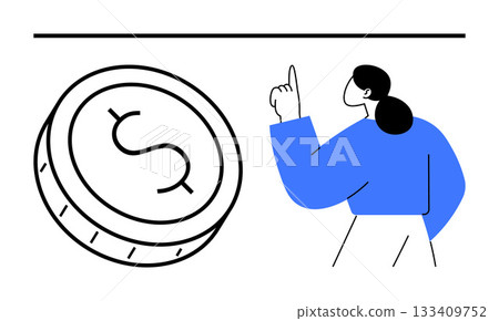 Woman in blue pointing up, standing next to a large coin bearing a dollar sign. Ideal for financial education, economics, business strategy, investments, saving tips, financial planning, economic 133409752