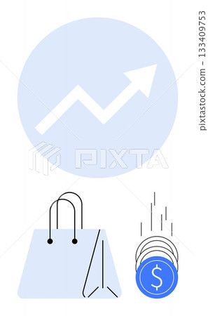 Arrow pointing upwards in a circle, shopping bag, and coins representing growth and spending. Ideal for business, finance, e-commerce, retail, investment economics and trade. Line metaphor 133409753
