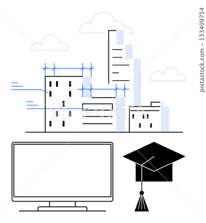 Skyline with under-construction buildings, large computer monitor, and graduation cap. Ideal for education, technology, construction, urban development, digital learning, academic achievement 133409754