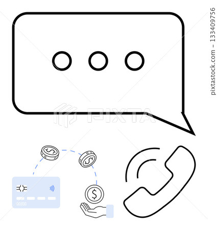 Speech bubble with three dots symbolizing communication, above credit card, coins, hand, and phone receiver icons. Ideal for finance, banking, communication, customer service money transfer 133409756