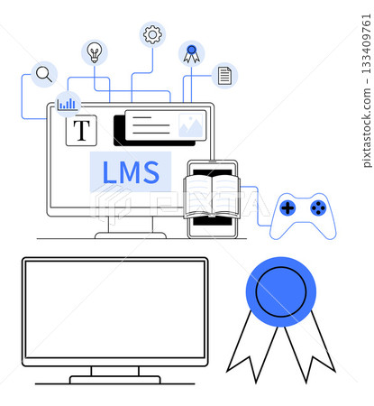 Computer screen with LMS interface, book on mobile device, game controller, search, graph, and certificate icons. Ideal for online education, e-learning platforms, digital classrooms training 133409761