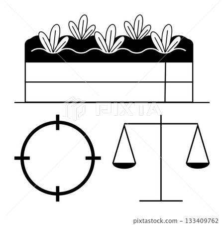 Garden bed with plants, a balance scale, and a crosshair target emphasizing growth, balance, and precision. Ideal for agriculture, gardening, law justice targeting precision environmental. Line Garden bed with plants, a balance scale, and a crosshair target emphasizing growth, balance, and precision. Ideal for agriculture, gardening, law justice targeting precision environmental. Line 133409762