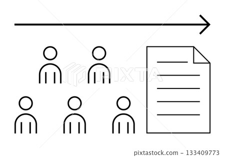 Five simple human figures arranged in two rows, an arrow pointing towards a document with lines of text. Ideal for teamwork, progression, organization, growth, collaboration, planning, documentation 133409773
