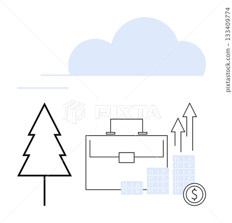 Business briefcase, growing coin stacks with arrows, tree, and cloud symbolizing economic growth, financial success, and environmental sustainability. Ideal for finance, investment, business 133409774
