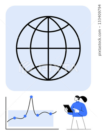 Globe symbol alongside a graph with data points individual analyzing on tablet. Ideal for technology, communication, data analytics, statistics, global outreach, business strategy, innovation. Line 133409794