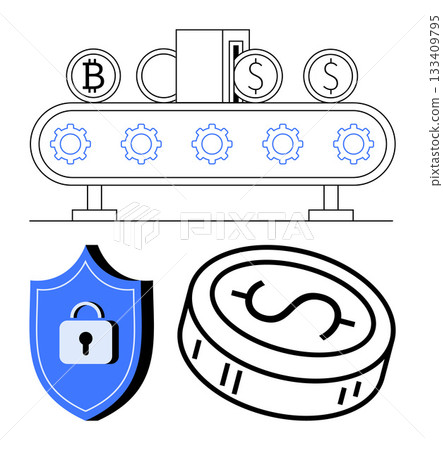 Conveyor belt processing Bitcoin and Dollar coins, mechanical gears, shield with padlock, single dollar coin. Ideal for fintech, blockchain, cybersecurity, financial education, investment portfolios Conveyor belt processing Bitcoin and Dollar coins, mechanical gears, shield with padlock, single dollar coin. Ideal for fintech, blockchain, cybersecurity, financial education, investment portfolios 133409795