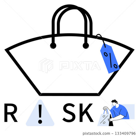 Shopping bag with sale tag and the word RISK incorporating an exclamation mark in a warning triangle symbol and a person at a checkout counter. Ideal for finance, business, shopping, e-commerce 133409796