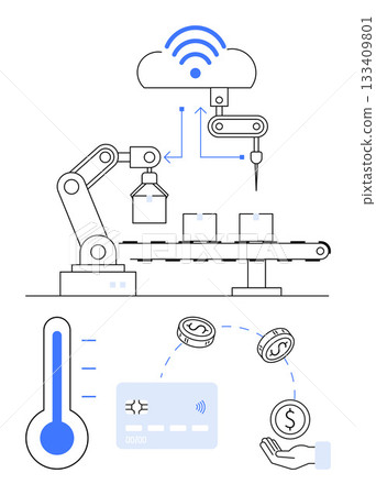 Robotic arm operating on conveyor belt, IoT cloud connection, temperature gauge, and currency symbols. Ideal for industry, automation, IoT, efficiency, technology manufacturing and smart factories 133409801