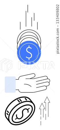 Coins dropping into a hand, with additional coin and upward-pointing arrows. Ideal for finance, investment, savings, economic growth, earnings, wealth management financial planning. Line metaphor Coins dropping into a hand, with additional coin and upward-pointing arrows. Ideal for finance, investment, savings, economic growth, earnings, wealth management financial planning. Line metaphor 133409802