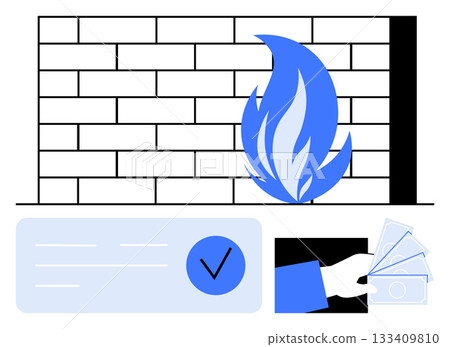 Brick wall with blue flame represents firewall protection, hand holding cash near payment checkmark highlights secure transactions. Ideal for cybersecurity, online payments, firewalls, security Brick wall with blue flame represents firewall protection, hand holding cash near payment checkmark highlights secure transactions. Ideal for cybersecurity, online payments, firewalls, security 133409810