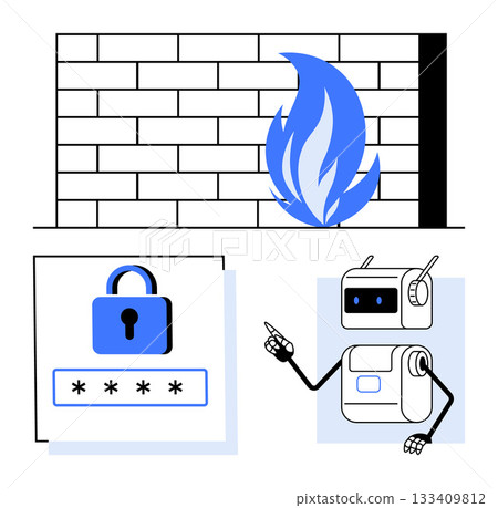 Firewall with flames, password lock with asterisks, and a robot illustrating cybersecurity. Ideal for digital security, online protection, hacking prevention, data safety, AI in security, IT 133409812