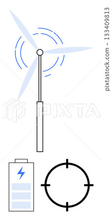 Wind turbine generating power, charging battery with blue lightning bolt, black target icon. Ideal for sustainability, clean energy, renewable resources, technology, environment, efficiency Wind turbine generating power, charging battery with blue lightning bolt, black target icon. Ideal for sustainability, clean energy, renewable resources, technology, environment, efficiency 133409813