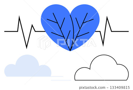 Blue heart with leaf vein pattern intersected by ECG line, placed above minimalist clouds. Ideal for health, wellness, environmental, medical, cardiovascular, nature-themed, eco-friendly projects 133409815