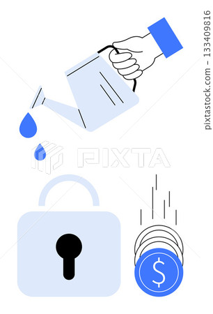 Hand pours water droplets, padlock symbolizes security, coins suggest financial growth and management. Ideal for business growth, financial security, investment, savings, wealth management Hand pours water droplets, padlock symbolizes security, coins suggest financial growth and management. Ideal for business growth, financial security, investment, savings, wealth management 133409816