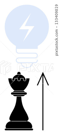 Black chess piece with blue light bulb and upward arrow emphasizing strategic growth and innovation. Ideal for business strategy, innovation, leadership, creativity, problem-solving, growth 133409819