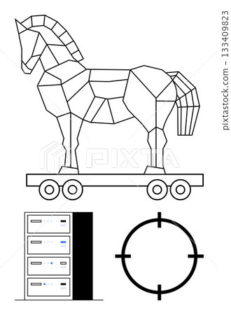 Geometric Trojan horse on wheels, a server rack, and a target crosshair. Ideal for technology, cybersecurity, malware, data protection, IT infrastructure hacking digital threats. Line metaphor Geometric Trojan horse on wheels, a server rack, and a target crosshair. Ideal for technology, cybersecurity, malware, data protection, IT infrastructure hacking digital threats. Line metaphor 133409823