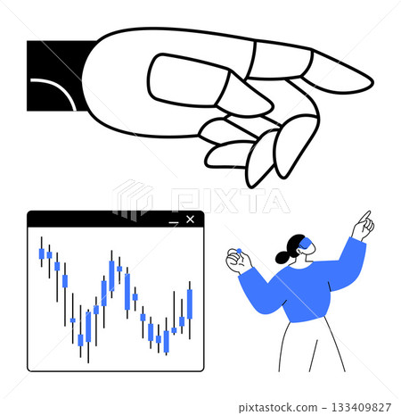 Hand pointing gesture, graph on computer screen, person wearing VR headset gesturing towards the chart. Ideal for technology, data analysis, stock market, virtual reality, education, presentations Hand pointing gesture, graph on computer screen, person wearing VR headset gesturing towards the chart. Ideal for technology, data analysis, stock market, virtual reality, education, presentations 133409827