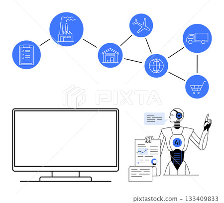 AI robot presenting data flow through supply chain elements thumbs up manufacturing, transportation, warehouses, and a global network. Ideal for automation, logistics, AI, supply chain management 133409833