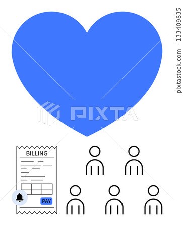 Blue heart above billing invoice with payment button five stick figures, notification symbol. Ideal for finance, community, healthcare, charity, relationships, teamwork, reminders. Line metaphor 133409835