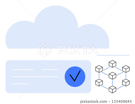 Cloud icon, document with checkmark, and blockchain network. Ideal for cloud computing, data security, blockchain technology, digital storage, information management, network systems authentication Cloud icon, document with checkmark, and blockchain network. Ideal for cloud computing, data security, blockchain technology, digital storage, information management, network systems authentication 133409845