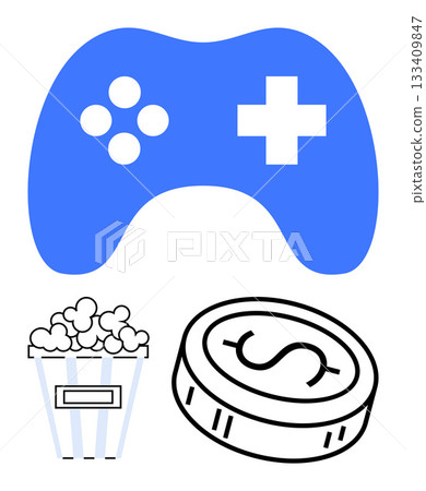 Blue game controller, popcorn bucket, and coin with dollar sign. Ideal for gaming, entertainment, finance, investment, leisure activities game development and digital media. Line metaphor Blue game controller, popcorn bucket, and coin with dollar sign. Ideal for gaming, entertainment, finance, investment, leisure activities game development and digital media. Line metaphor 133409847