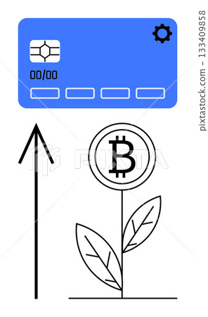 Blue digital payment card, upward black arrow, and Bitcoin growth plant with leaves. Ideal for finance, cryptocurrency, technology, growth, investment innovation digital payments themes. Line Blue digital payment card, upward black arrow, and Bitcoin growth plant with leaves. Ideal for finance, cryptocurrency, technology, growth, investment innovation digital payments themes. Line 133409858