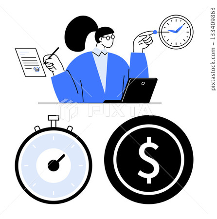 Business woman with laptop time-related icons dollar coin and document. Ideal for productivity, management, business, time management, financial planning, efficiency, work-life balance. Line Business woman with laptop time-related icons dollar coin and document. Ideal for productivity, management, business, time management, financial planning, efficiency, work-life balance. Line 133409863