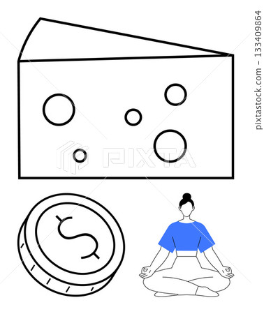 Cheese slice, coin with dollar sign, and woman meditating in blue top. Ideal for wellness, finance, balance, nutrition, mindfulness wealth and lifestyle content. Line metaphor Cheese slice, coin with dollar sign, and woman meditating in blue top. Ideal for wellness, finance, balance, nutrition, mindfulness wealth and lifestyle content. Line metaphor 133409864