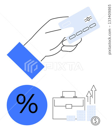 Hand holding a credit card, percentage symbol, briefcase, stacked coins, and upward arrows. Ideal for finance, banking, investment business growth budgeting financial planning saving. Line 133409865