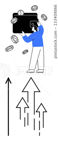 Person holding digital wallet with coins arrows indicate financial growth. Ideal for technology, finance, business innovation, investment, digital trends, economic advancement, success. Line metaphor 133409866