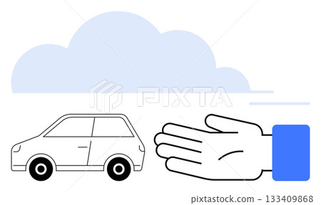 Car under a protective hand and a blue cloud. Ideal for automotive safety, car insurance, transportation, road safety, protection, security, and maintenance. Line metaphor 133409868