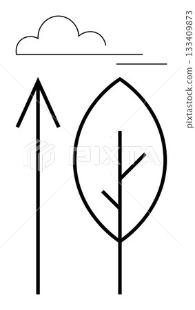 Stylized leaf with branches, upward arrow, and cloud. Ideal for growth, nature, sustainability, environment, simplicity minimalism and eco-friendly designs. Line metaphor 133409873