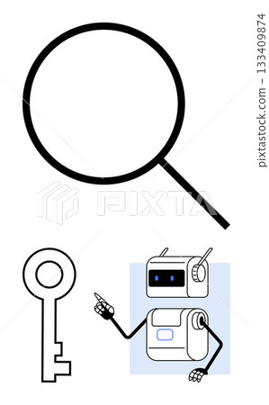 Magnifying glass key and a robot emphasizing discovery solutions, technology, innovation, research, knowledge, and exploration. Ideal for technology, discovery, and research concepts. Line Magnifying glass key and a robot emphasizing discovery solutions, technology, innovation, research, knowledge, and exploration. Ideal for technology, discovery, and research concepts. Line 133409874