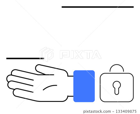 Open hand and padlock symbolize access and security in a minimalist design. Ideal for themes security, access, protection, safety, trust, privacy, assistance. Line metaphor Open hand and padlock symbolize access and security in a minimalist design. Ideal for themes security, access, protection, safety, trust, privacy, assistance. Line metaphor 133409875