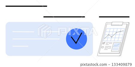 Approval checkmark stamped on document beside clipboard displaying performance chart. Ideal for business growth, achievement tracking, project management, finance, productivity, evaluations, success Approval checkmark stamped on document beside clipboard displaying performance chart. Ideal for business growth, achievement tracking, project management, finance, productivity, evaluations, success 133409879