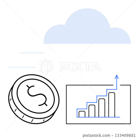 Dollar coin rolling towards an upward-trending bar graph under a cloud. Ideal for finance, technology, cloud computing, investment, business growth, economic trends, forecasts. Line metaphor 133409881