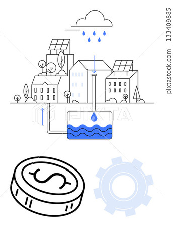Solar-paneled houses in a residential area with a water harvesting system. Rainwater collection, storage tank, dollar coin, and gear symbolize sustainability, economy, and efficiency. Ideal 133409885