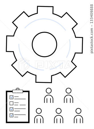 Gear symbol checklist clipboard, and team icons. Ideal for workflow, project management, teamwork, organization, planning, productivity, goal setting Line metaphor 133409888