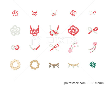 一組簡潔可愛的水引線和注連線圖示。 133409889