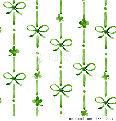 Seamless watercolor striped pattern with cute bows and green clovers. St. Patrick's Day decorations. Seamless watercolor striped pattern with cute bows and green clovers. St. Patrick's Day decorations. 133409905
