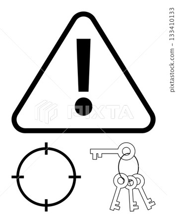 Warning triangle with exclamation mark, crosshair target symbol, and key trio. Ideal for safety, caution, alert, target, security access navigation themes. Line metaphor 133410133