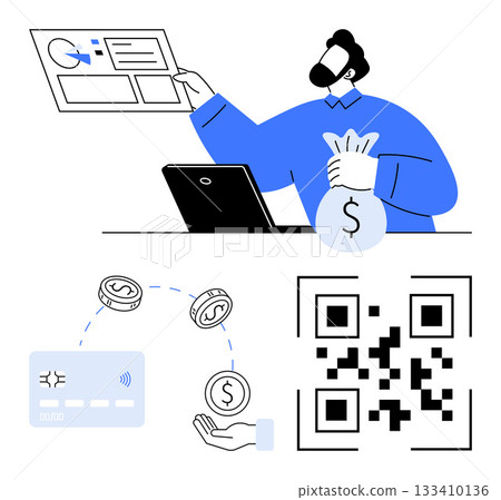 Man analyzing financial data on laptop while holding money bag, illustrating digital transactions using credit card, coins, and QR code. Ideal for finance, banking, e-commerce, fintech, accounting 133410136
